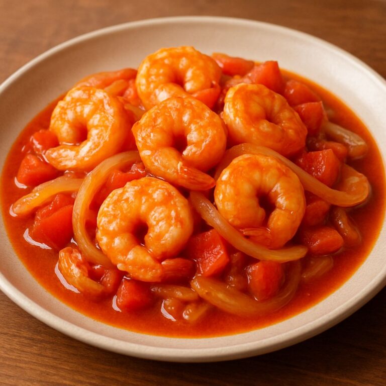 Fried shrimp balls with onion and tomato sauce